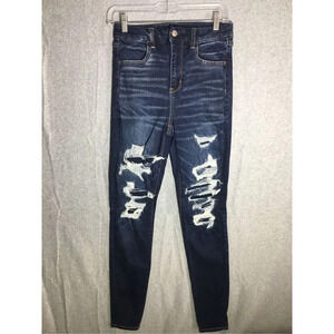 Womens American Eagle Jeans Curvy Super High Rise Jeggings Dark Wash Distressed